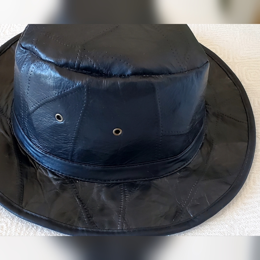 Black Genuine Leather Patchwork Fedora Hat, OS, L… - image 4